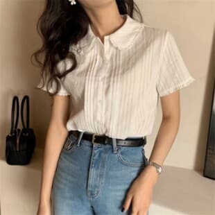 Korean Dongdaemun White Short Sleeve Blouse for Women, 2025 Summer Lightweight Designer Top, Loose Fit, Slimming, Fashion