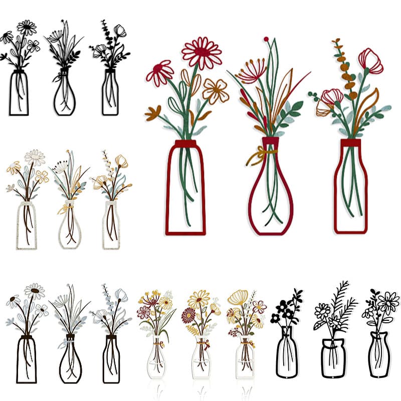 Three-Piece Metal Vase Set, Flower Wall Art, Wall Decoration Pendants, Floral Decor for Living Room, Bedroom, Home Wall Decoration