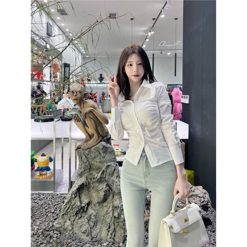Korean New Style Pure Desire Slim Fit 2024 Waist-Cinching Pleated Lapel Design Sexy Solid Color Elegant Long-Sleeve Blouse