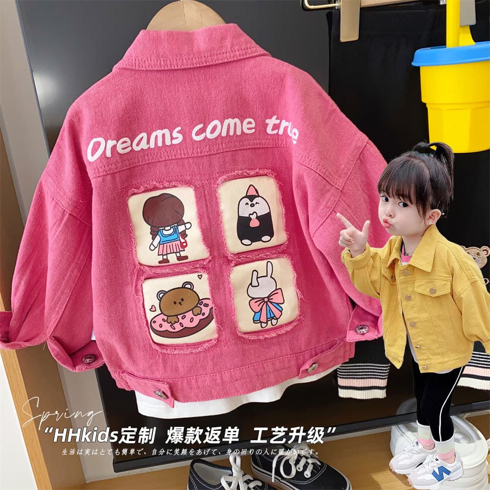 New Arrival Girls' Colorful Cartoon Patch Workwear Washed Denim Jacket 2026 Spring Korean Style Denim Top