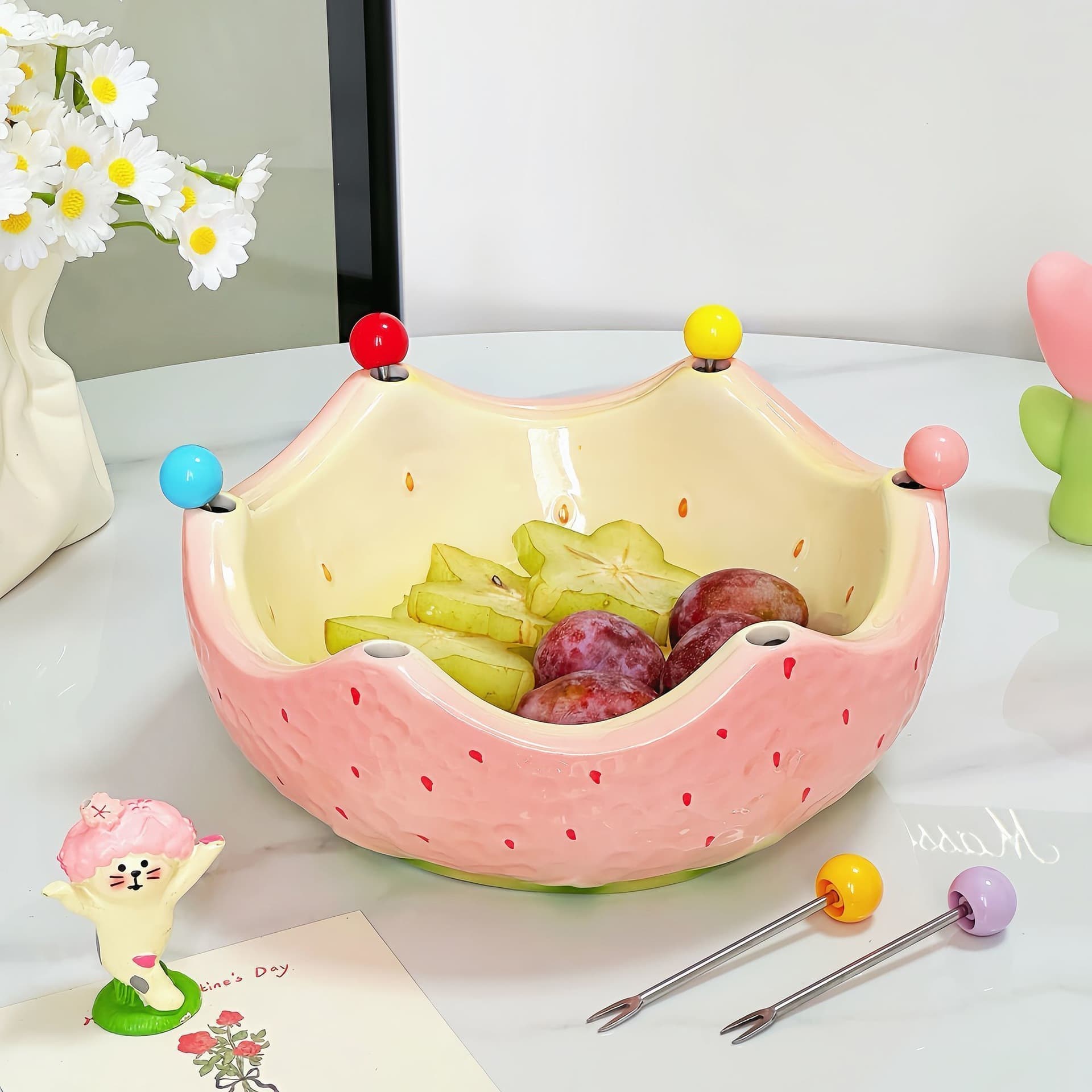Trendy Strawberry-Shaped Ceramic Fruit Fork Bowl, Creative Home Fruit Bowl, Snack Storage Bowl, High-Aesthetic Fruit Bowl