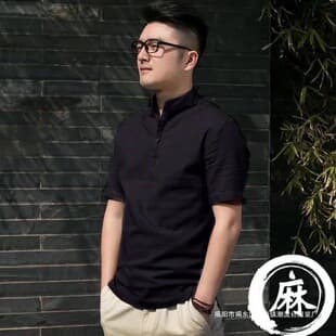 Summer Thin Solid Color Linen Short Sleeve Shirt Men Chinese Vintage Retro Stand Collar Casual Cotton Linen Top