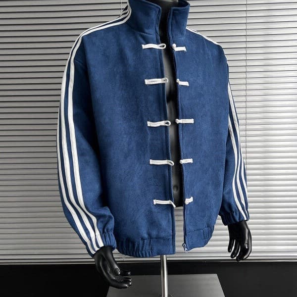 Blue-White Paneled Three-Stripe Stand Collar Jacket for Men Fall Trendy New Chinese Style with Frog Buttons Top