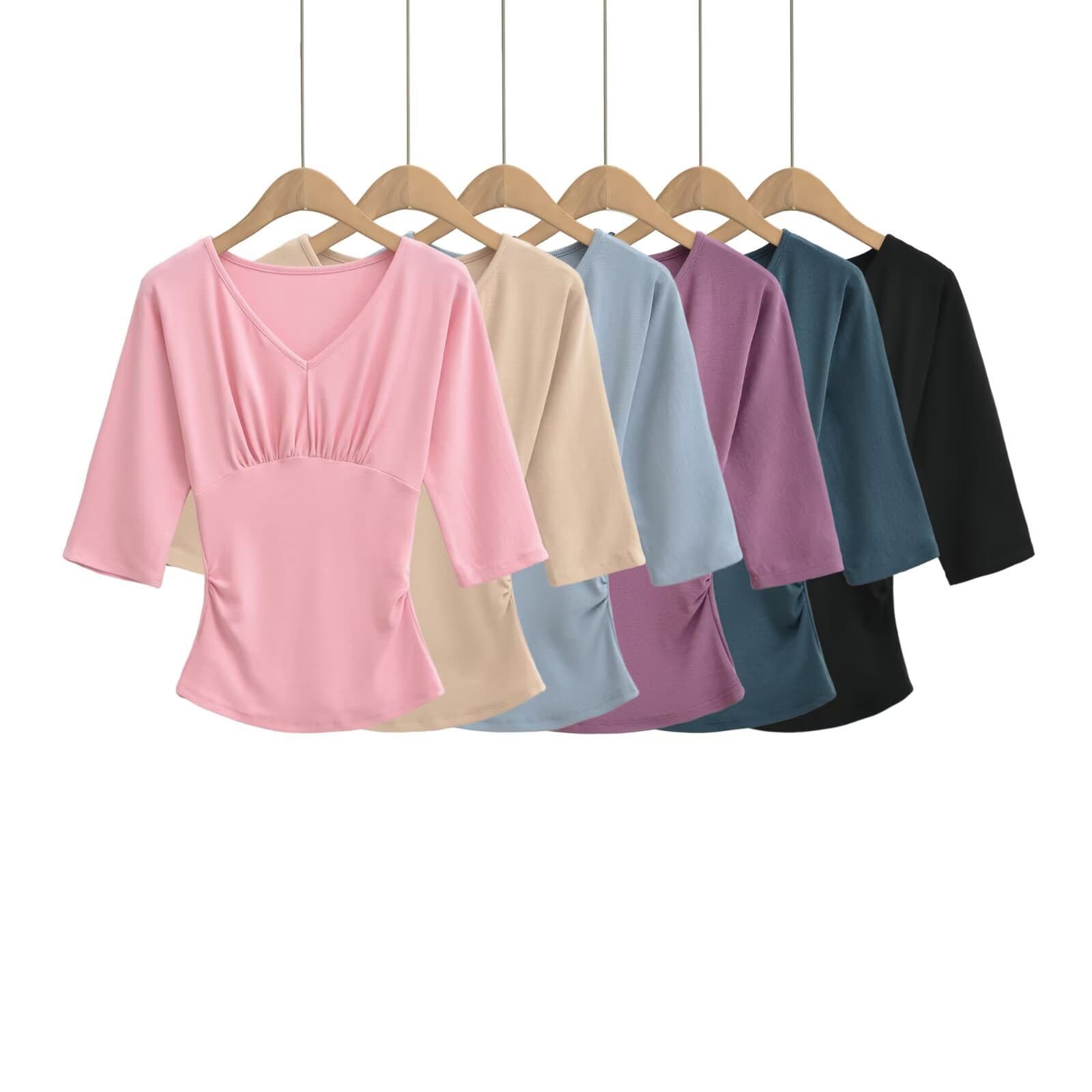Cross-border women's clothing 2026 summer new style gentle style low collar mid-sleeve knitted T-shirt waist slimming top