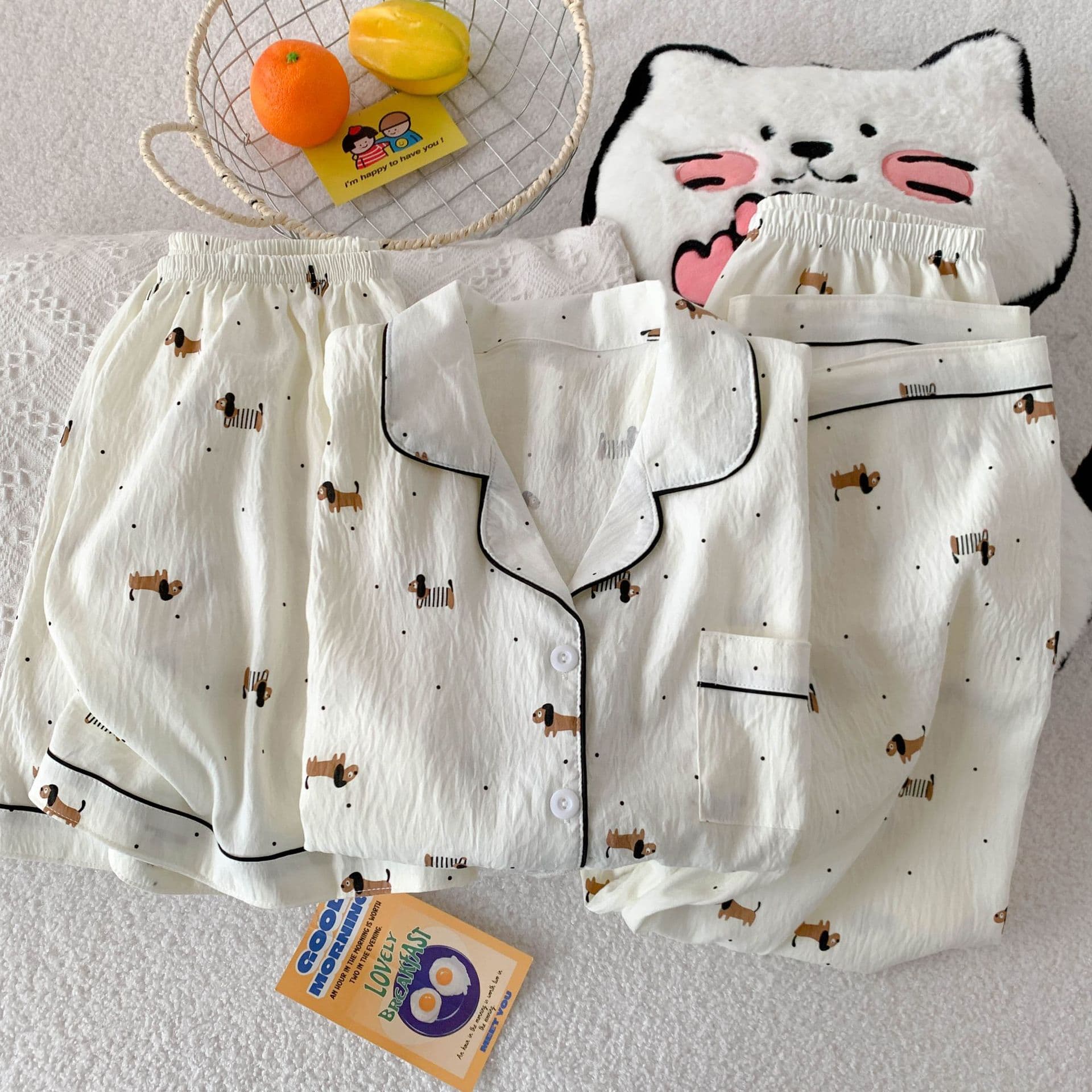 Pajamas Cloud Cotton Three-Piece Sleepwear Set for Women Summer Short Sleeve Shorts Long Pants Loungewear Set Cross-Border Wholesale