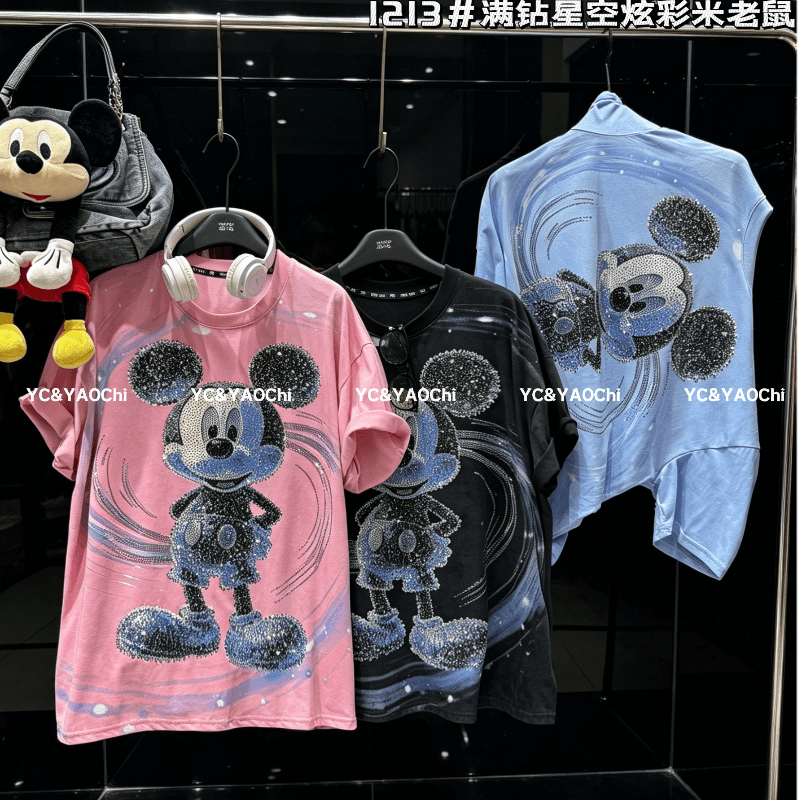 Cross-border European Style T-Shirt Women 2026 Spring New Trendy Color-Changing 3D Cartoon Rhinestone Mickey Mouse Short Sleeve Fashion