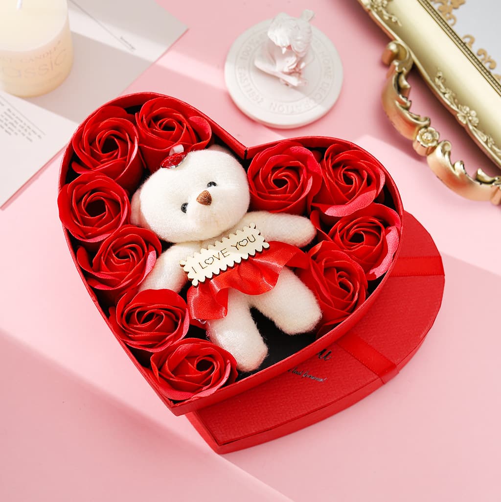 Cross-border soap flower heart rose bear gift box Teacher's Day Qixi Festival gift heart-shaped simulated rose flower box