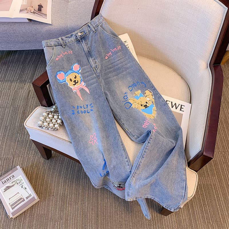 Bianxingce 300lb Plus Size Women's Jeans Fat MM Dog Print Elastic Straight Leg Pants Spring/Fall 2025 New