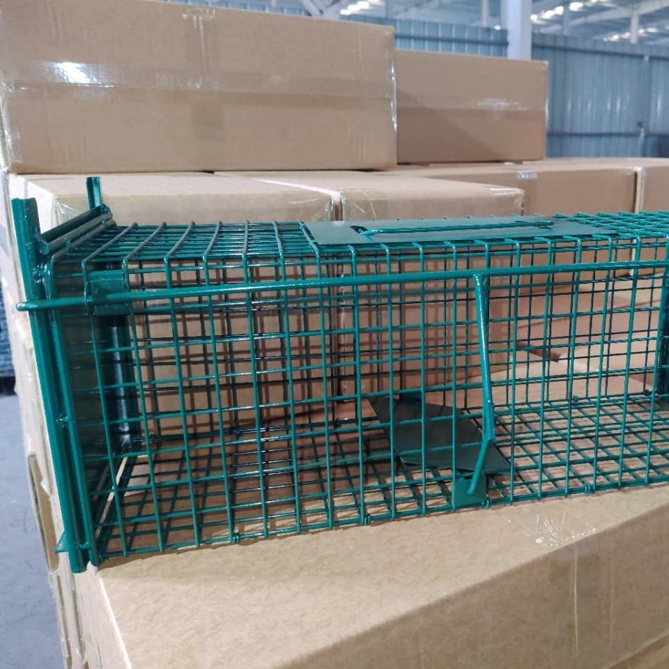 Green Mechanism Cage with Front and Rear Double Iron Doors, Foldable Cat Trap for Stray Cats, Capture Tool for Pet Cats