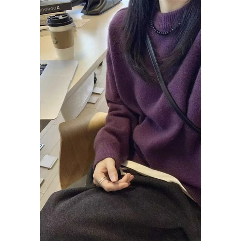 Korean Style Loose Lazy Fit Purple Round Neck Pullover Sweater for Women, Autumn/Winter Soft Knit Base Shirt Versatile Top