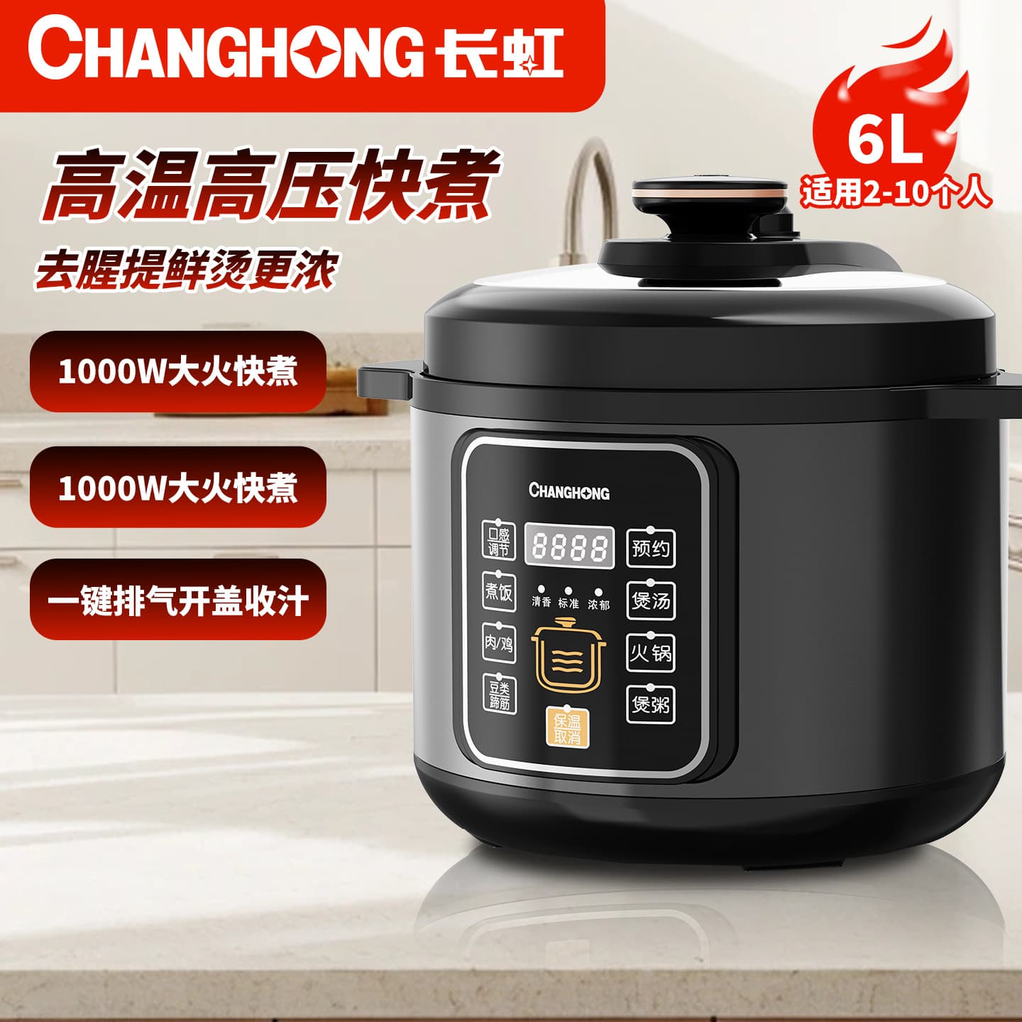 Changhong Electric Pressure Cooker 6L Large Capacity Smart Rice Cooker with Preset Timer, One-Button Pressure Release, Factory Wholesale