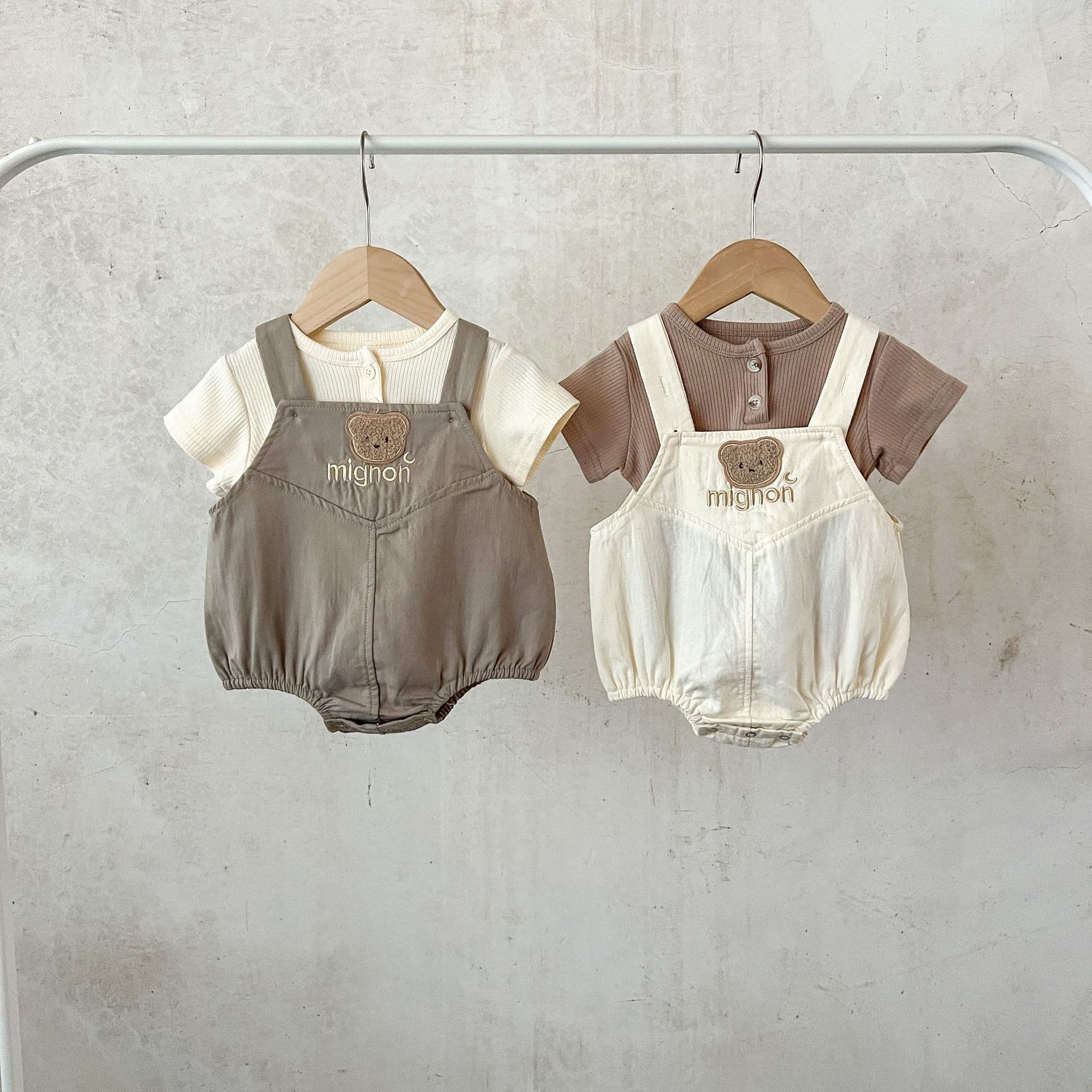 Korean-style Baby Boys and Girls Newborn Pure Cotton Ribbed Top + Bear Embroidered Suspender Bodysuit Two-Piece Set