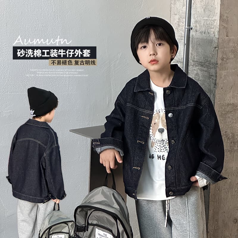 Elmo Baby Kids 2025 Autumn Sand-Washed Cotton Stylish Workwear Top Unisex Korean Style Topstitch Denim Jacket Trendy