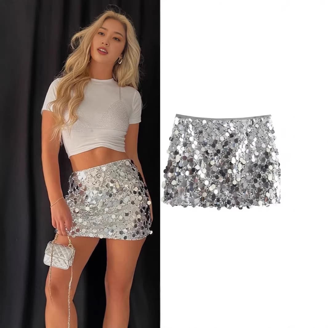 Cross-border Trade 2025 Winter European and American Style Women's Sexy A-line Skirt High Waist Bodycon Sequin Mini Skirt