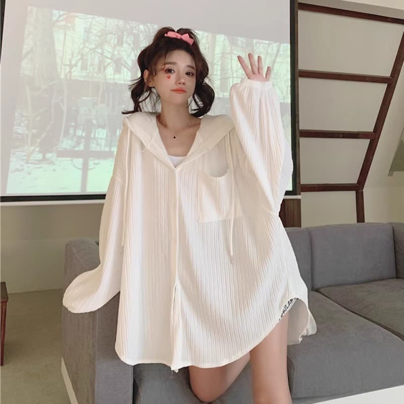 White Long Sleeve Women's Summer 2024 Versatile Loose Cardigan Coat with Hood Thin Outerwear Comfortable Casual Style