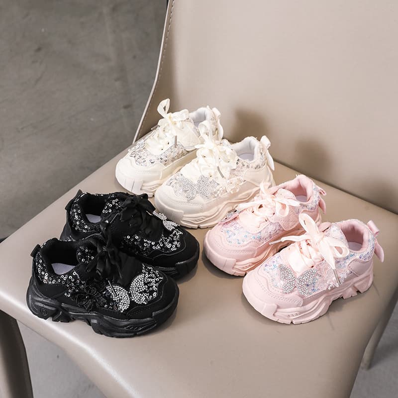 Girls Bow Running Shoes New 2026 Children's White Sneakers Spring Autumn Sports Shoes Breathable Leather Sports Shoes