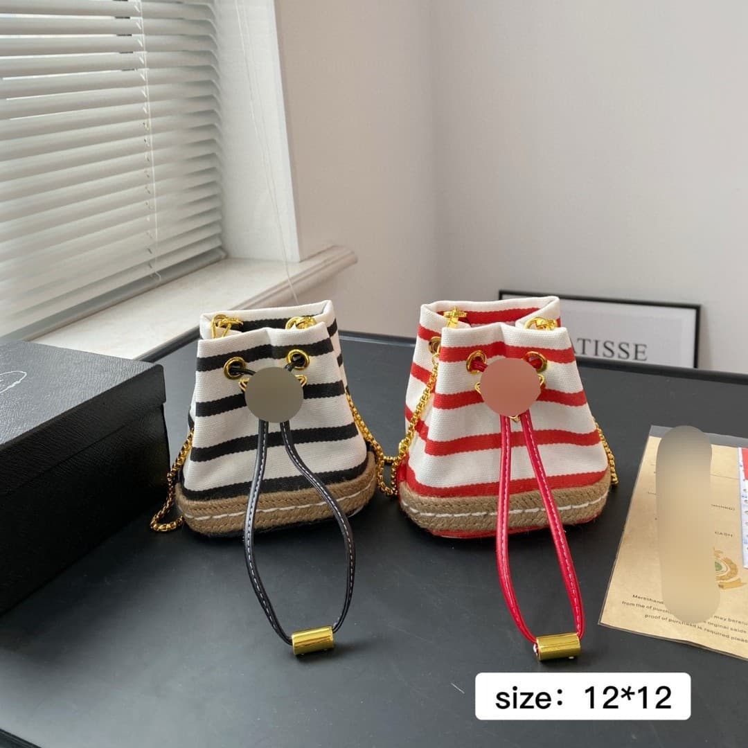 Original standard miafa p home canvas chain bucket bag striped mini decorative straw lipstick bag 2023 new style