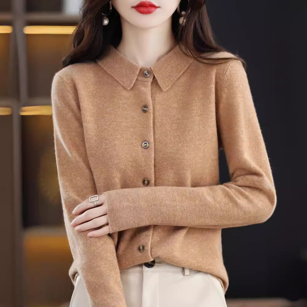 100% Wool Women's Turn-down Collar Cardigan 2025 New Autumn Winter Open Front Top Layering Base European Style Sweater