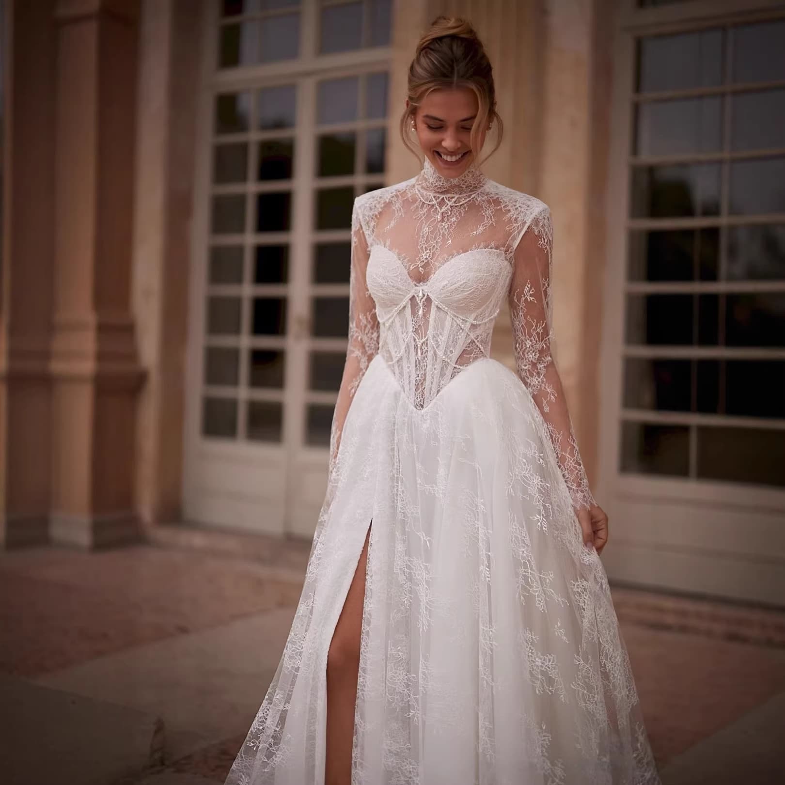 Wedding Dress Main Wedding Gown High Neck Long Sleeve New Korean Lace Main Dress Elegant High-End Style