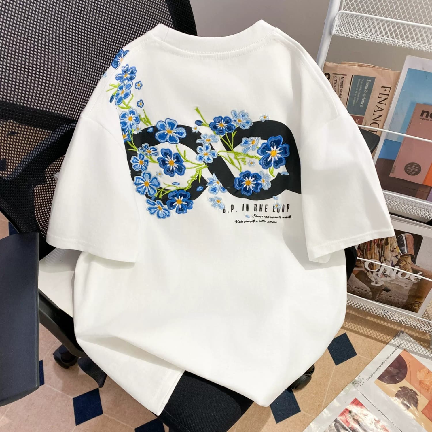 Trendy American-style Oversized Floral Embroidered Short Sleeve T-Shirt for Men Summer High Street Casual Versatile Top