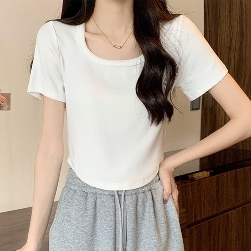 Designed Slim Fit Curved Hem Short Top Women 2024 Summer Ribbed Base Layer Short Sleeve T-Shirt
