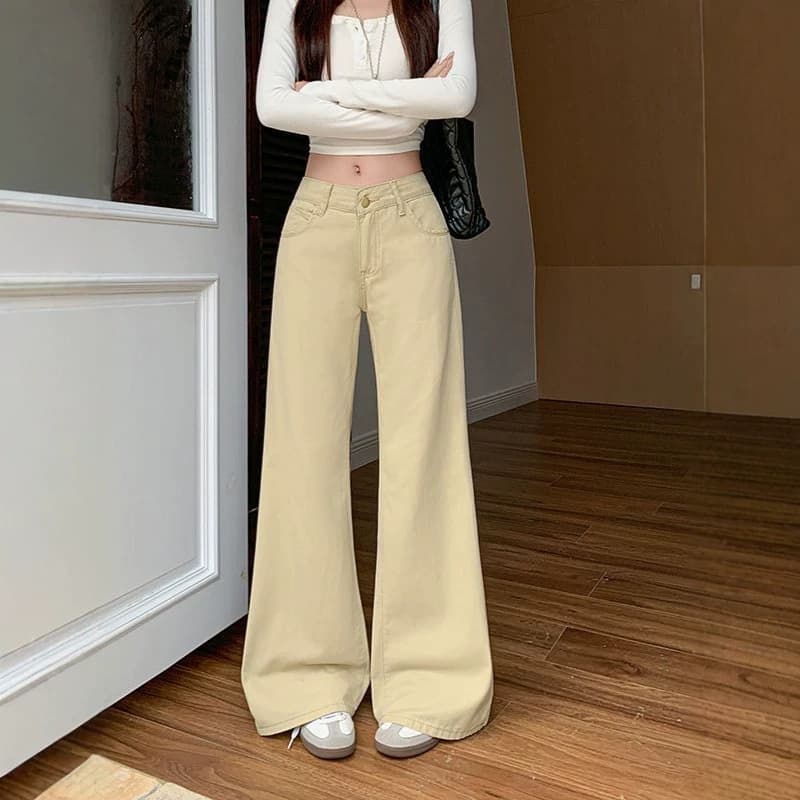 American-style petite khaki wide-leg jeans with low-rise waist for hot girls to look slim straight-leg floor-length boot-cut pants for women