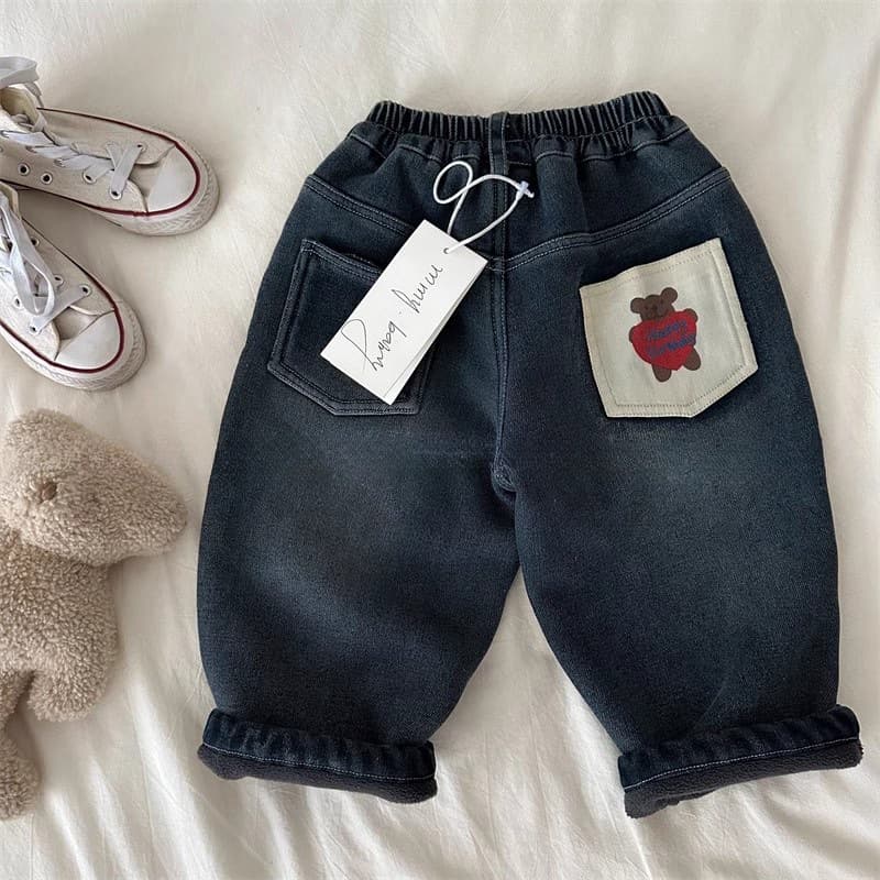Kids Fleece-Lined Jeans 2025 Winter Korean Style New Arrival Boys Girls Cartoon Bear Casual Pants Baby Straight-Leg Pants