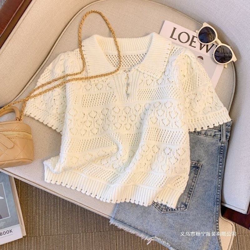 2025 New Crochet Lace Hollow Neck Knit Apricot Short Sleeve T-Shirt Women Summer French Sweet Spicy Short Top