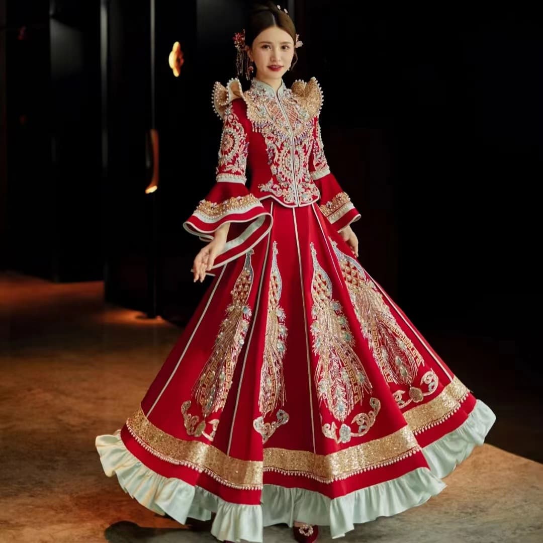 2023 New Style Chinese Wedding Dress with Rich Mushroom Shoulder Heavy Version Xiuhe Dress for Bride Toast Dress Dragon Phoenix Wedding Gown