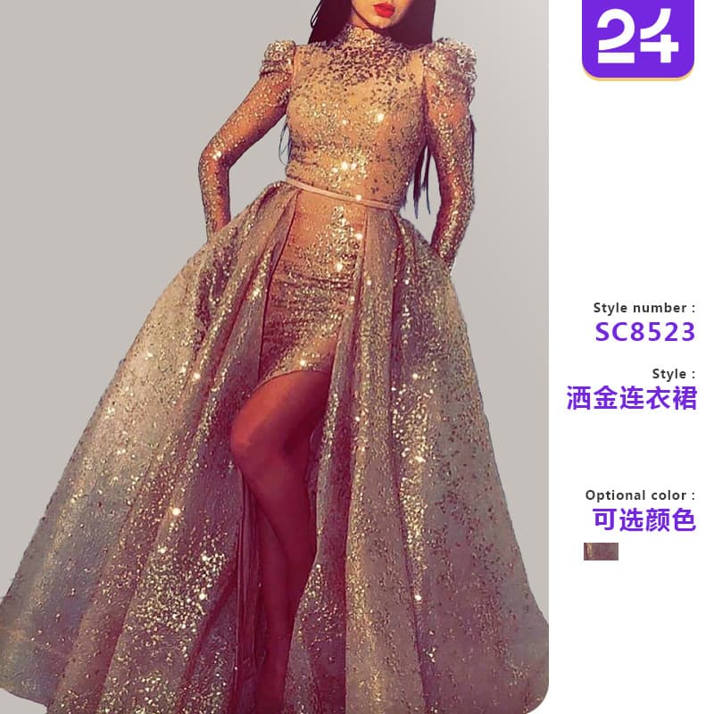 2025 New European and American Export Women's Clothing Standalone Site Gold-Sprinkled Flared Sexy Long Dress Slit Banquet Evening Gown New Arrival