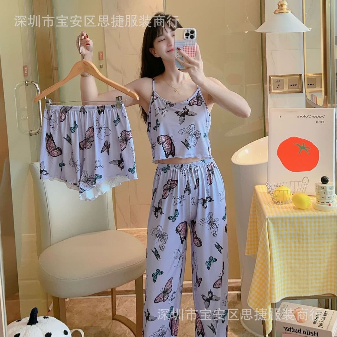 pajamas new European and American cross-border hot pajamas women's summer three-piece suspenders Stitch Labu cloth home clothes