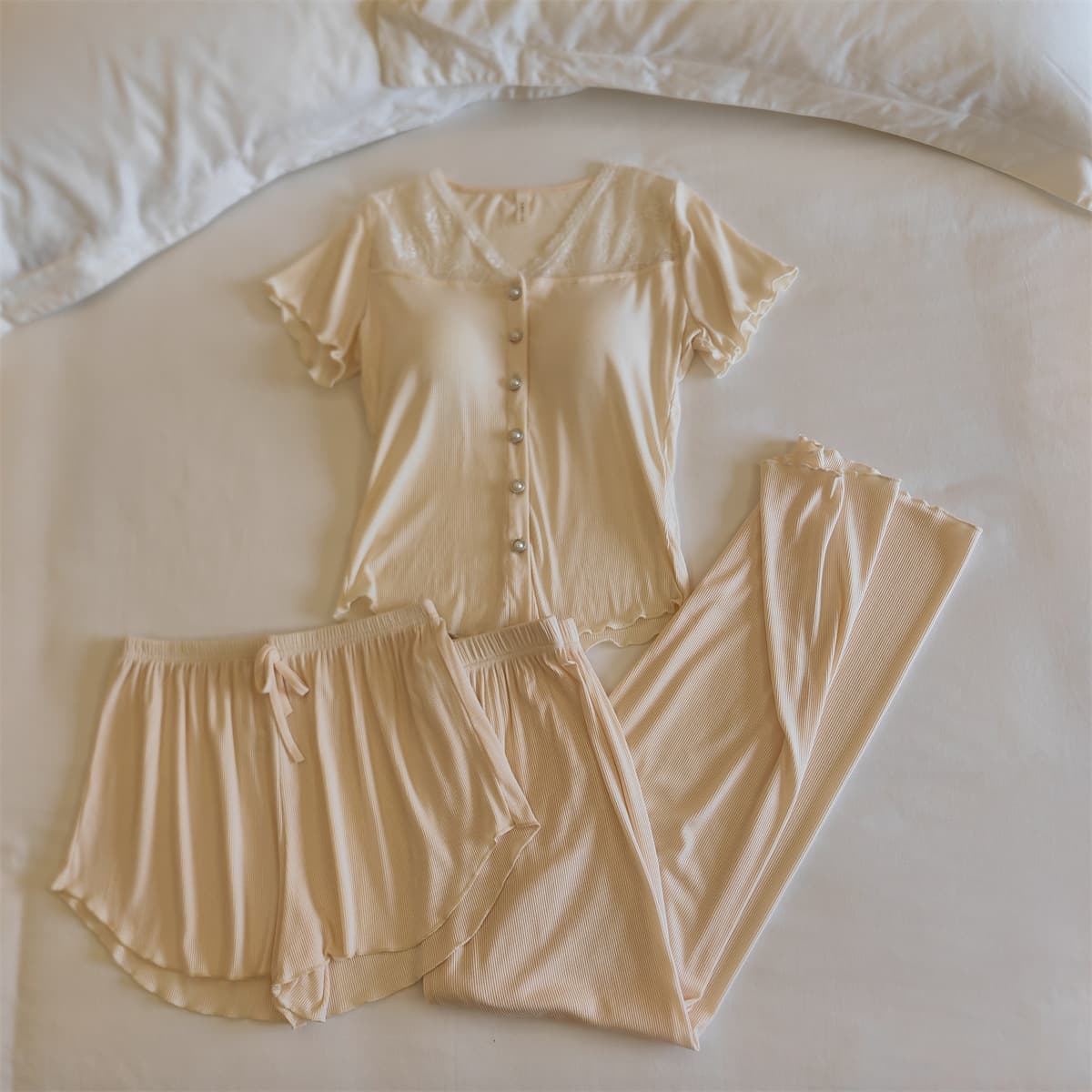 Modal Pajamas for Women Summer Thin Short Sleeve Cardigan Style with Lace Trim Sweet Design Built-in Padded Camisole Loungewear