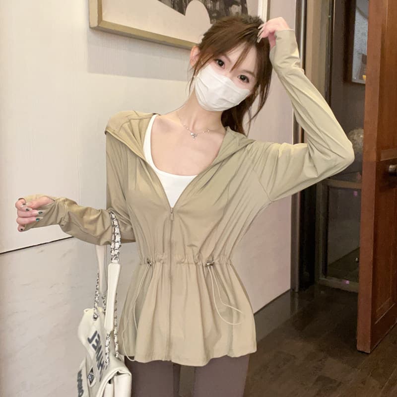 Mid-Length Original Yarn Waist-Cinching Sun Protection Jacket UPF50+ Trendy Casual Ice Silk Sunscreen Coat with Waist Slimming for Women