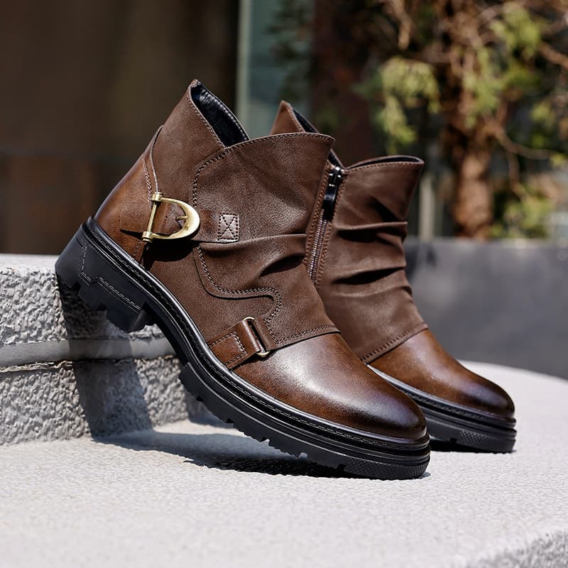 Autumn Winter New Men's Martin Boots British Vintage Work Boots Thick Sole Anti-Slip Leather Boots Side Zipper Motorcycle Boots