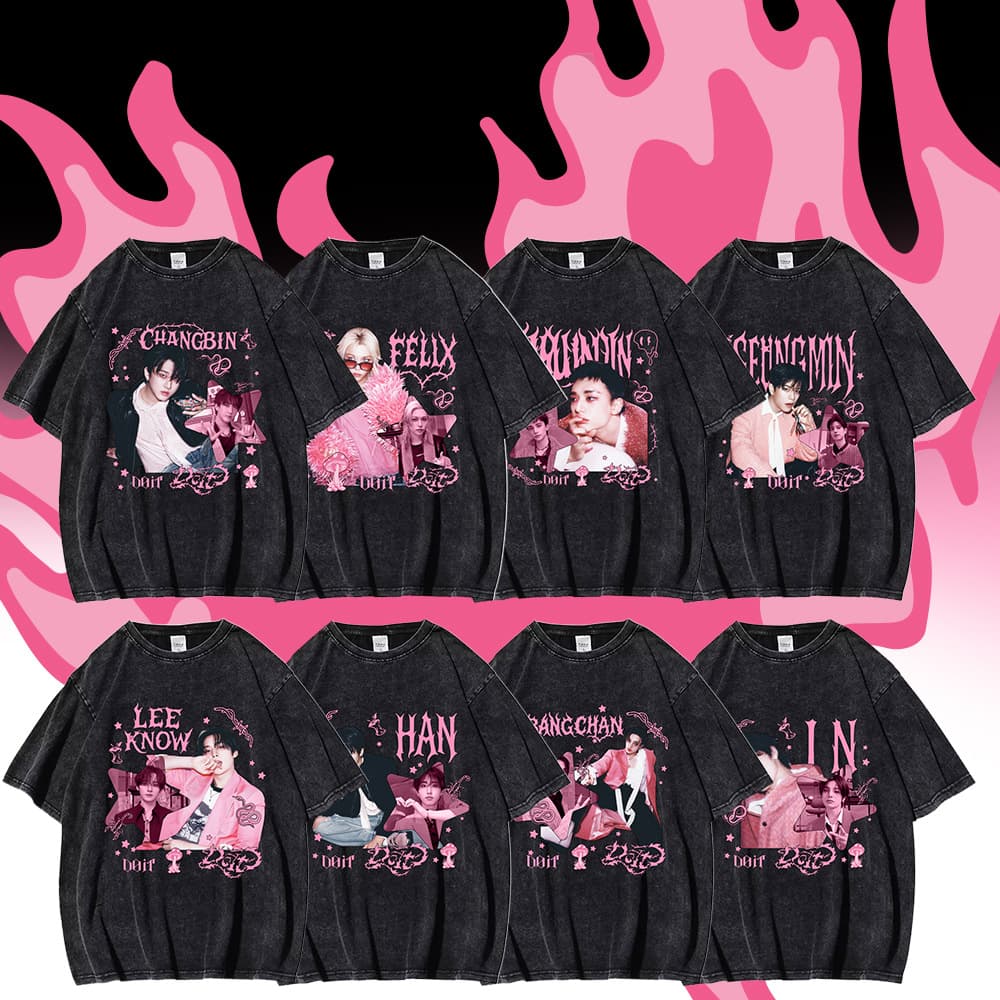 Stray Kids Washed T-Shirt Base Layer Cross-border European and American Fans DO IT Album Character Print Short Sleeve Women's Top