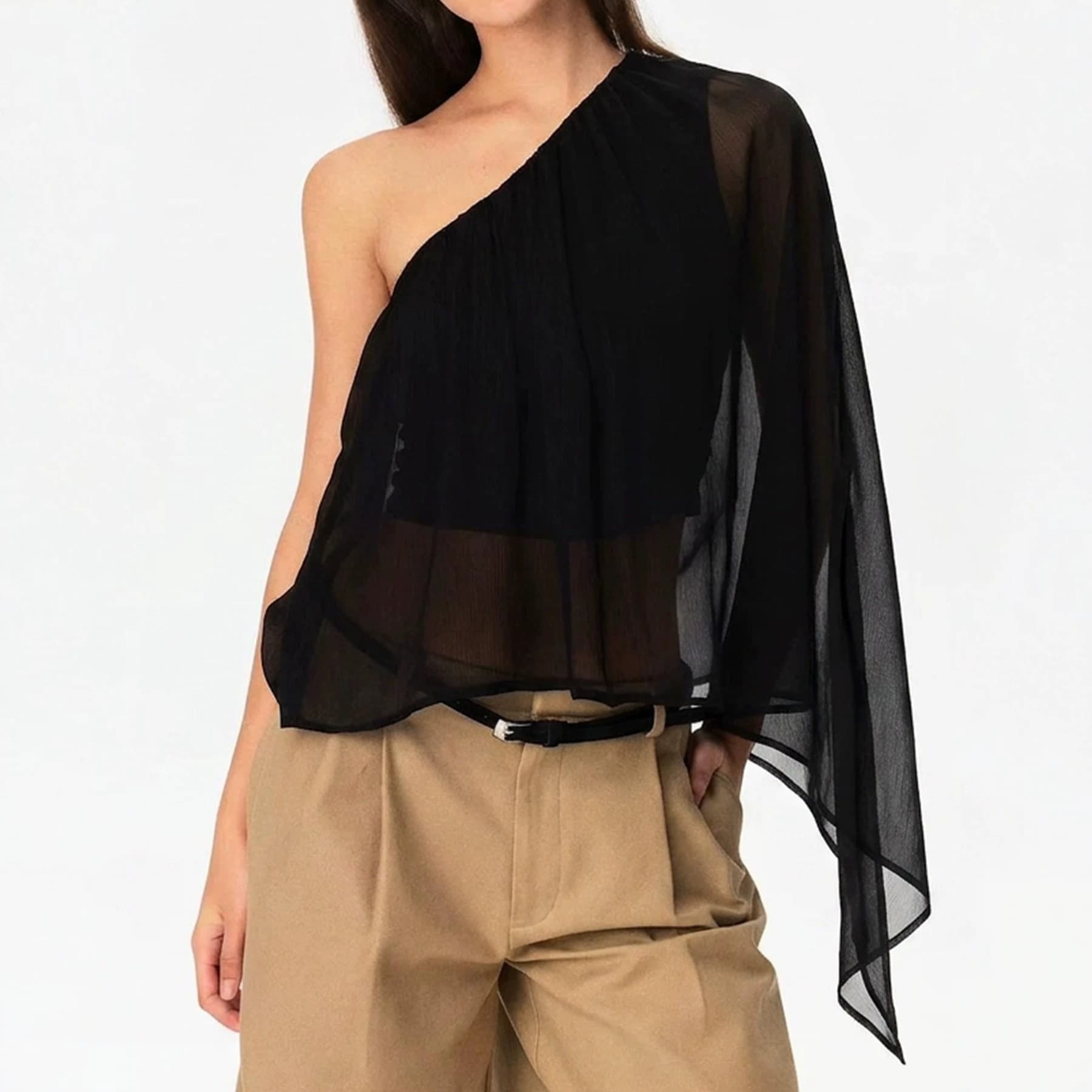 European and American spring and summer oblique shoulder see-through gauze top asymmetrical elegant one-shoulder off-shoulder temperament light mature style short top