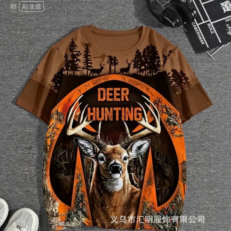 American-Style Outdoor Hunting Elk Full-Print T-Shirt with Brown and Orange Forest and Mountain Patterns, Men's Casual Hunting Short-Sleeve T-Shirt