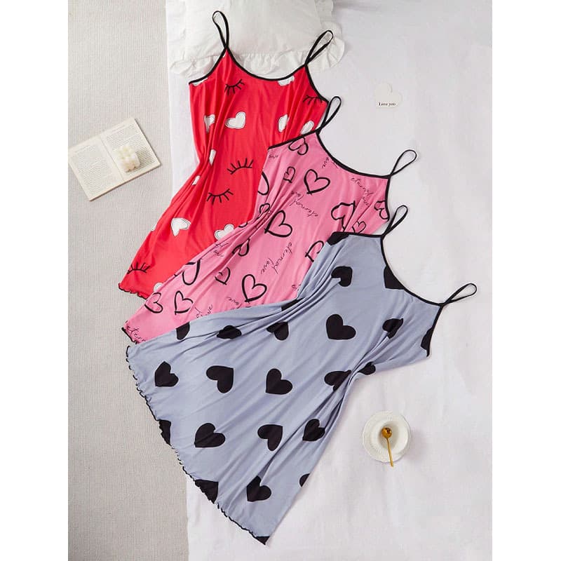 European and American Loose Plus Size Nightgown Women Summer New Heart Print Camisole Pajamas Casual Soft Comfortable Homewear