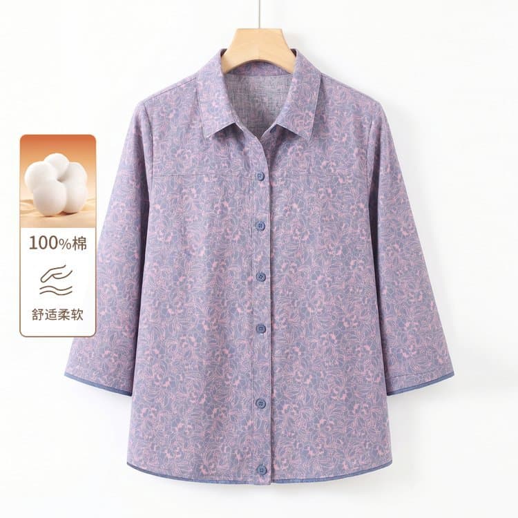 Summer thin cotton shirt for middle-aged and elderly women, large size loose printed three-quarter sleeve top, comfortable, soft and breathable