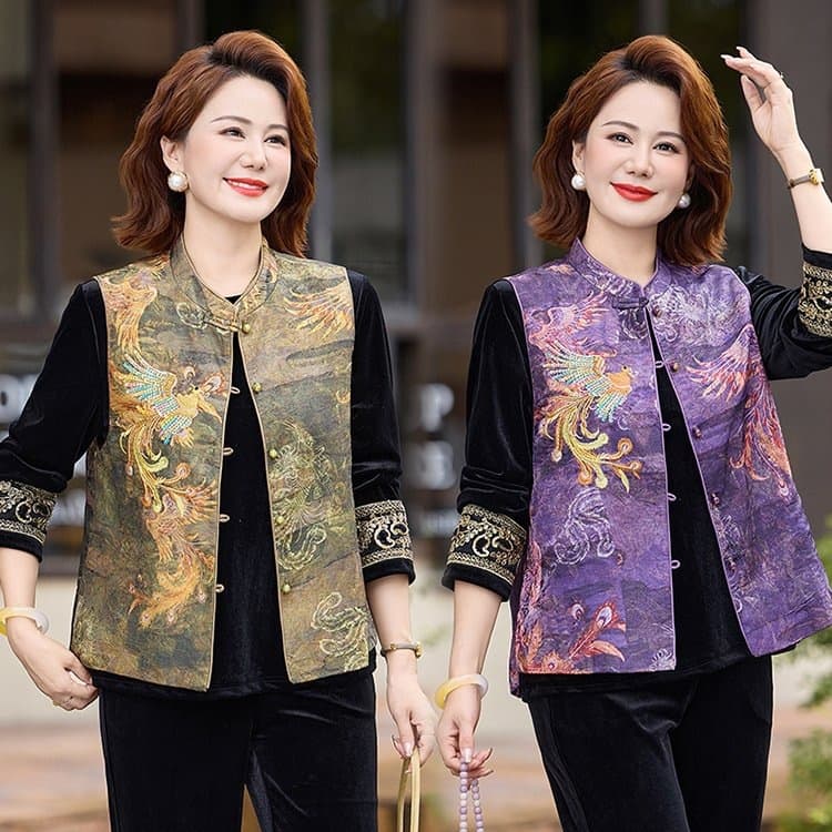 New Chinese Style Mom's Autumn Set National Style Vest Jacket Middle-Aged Women's Spring/Autumn Velvet Blouse Top
