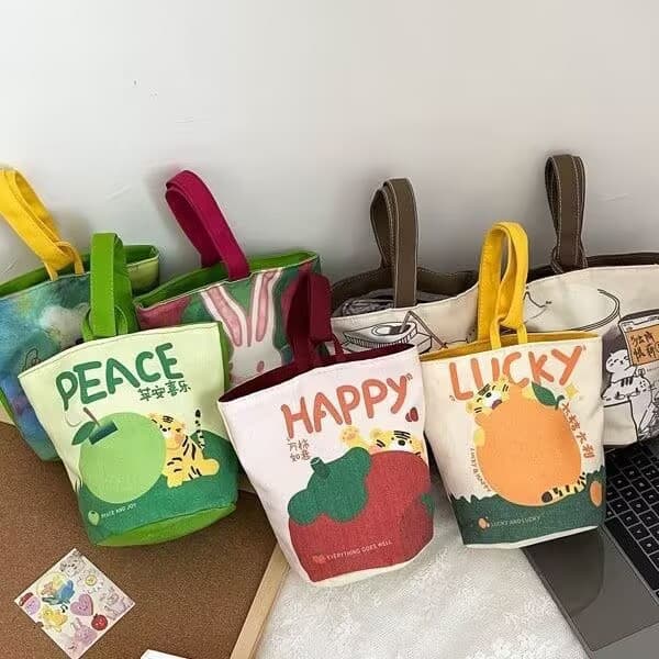 Portable Canvas Bucket Bag Handbag Outing Snacks Cute Cartoon Small Carryall Fresh Sweet Style Magnetic Buckle Soft Cylinder Shape