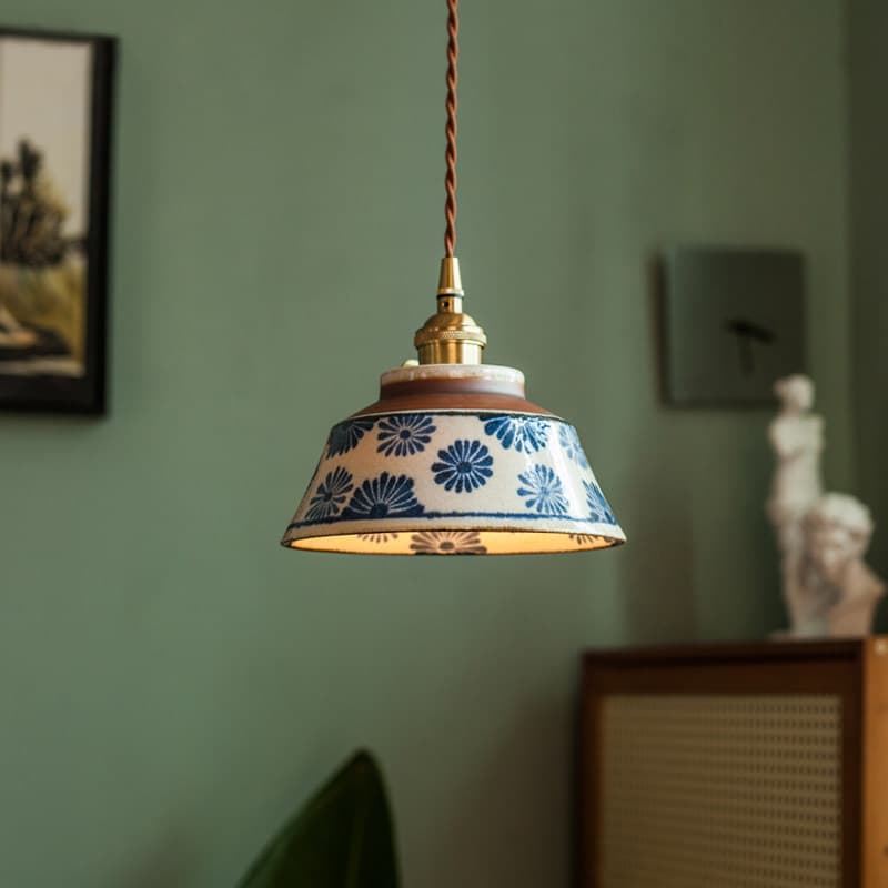 Vintage Ceramic Flower Bedside Small Pendant Light Retro French Dining Room Lamp Song Dynasty Aesthetic Entryway Hallway Dining Room Light