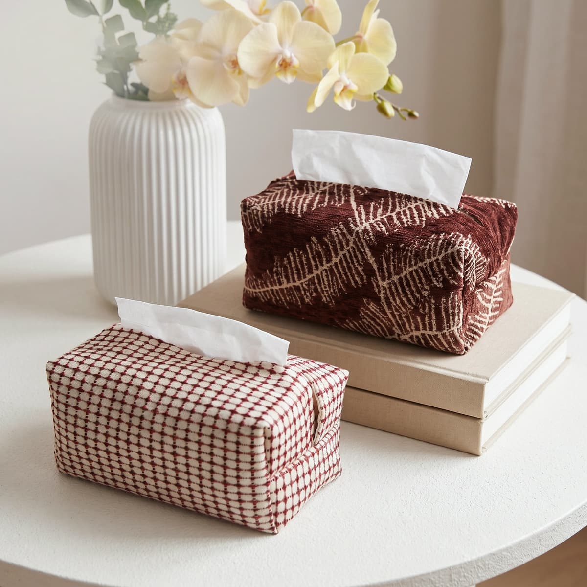 French retro fabric tissue box textured fern leaf plaid tissue box living room B&B desktop decoration tissue set