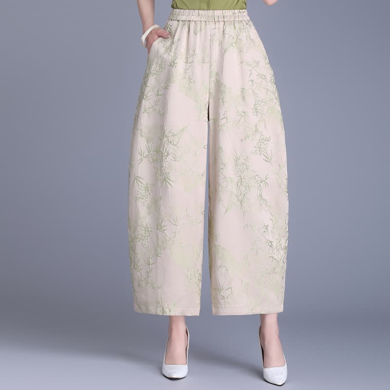 Real Shot Women's 2025 Spring/Summer New Elastic Waist Solid Color Rayon Simple Nine-Point Jacquard Bloomer Pants, Casual Pants