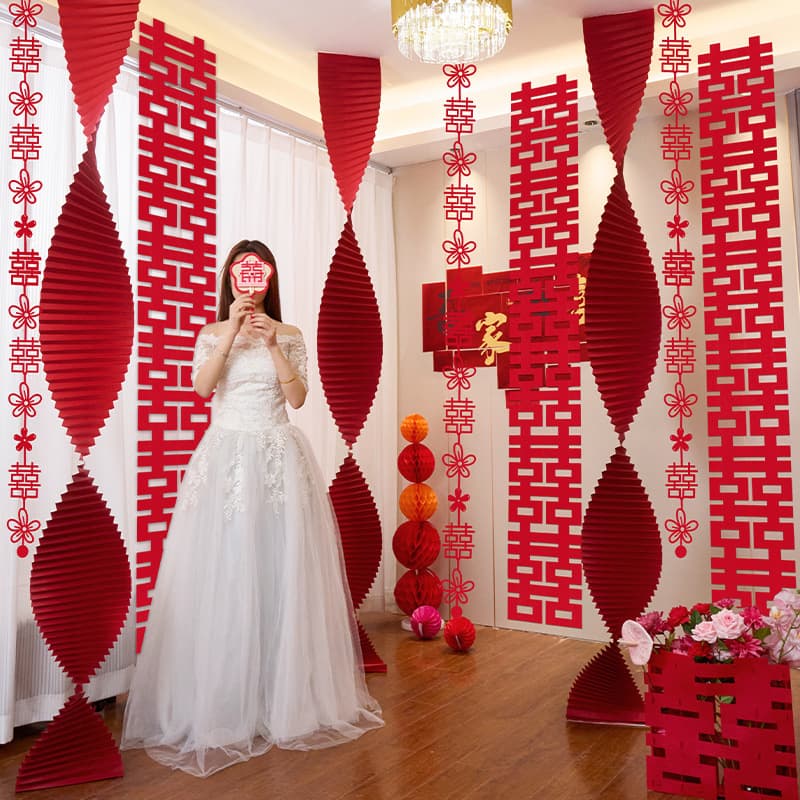 Waterfall Origami Ribbon Decoration Set for Wedding Room, Bride and Groom's Living Room, Long Strip Double Happiness Character, Complete Wedding Supplies