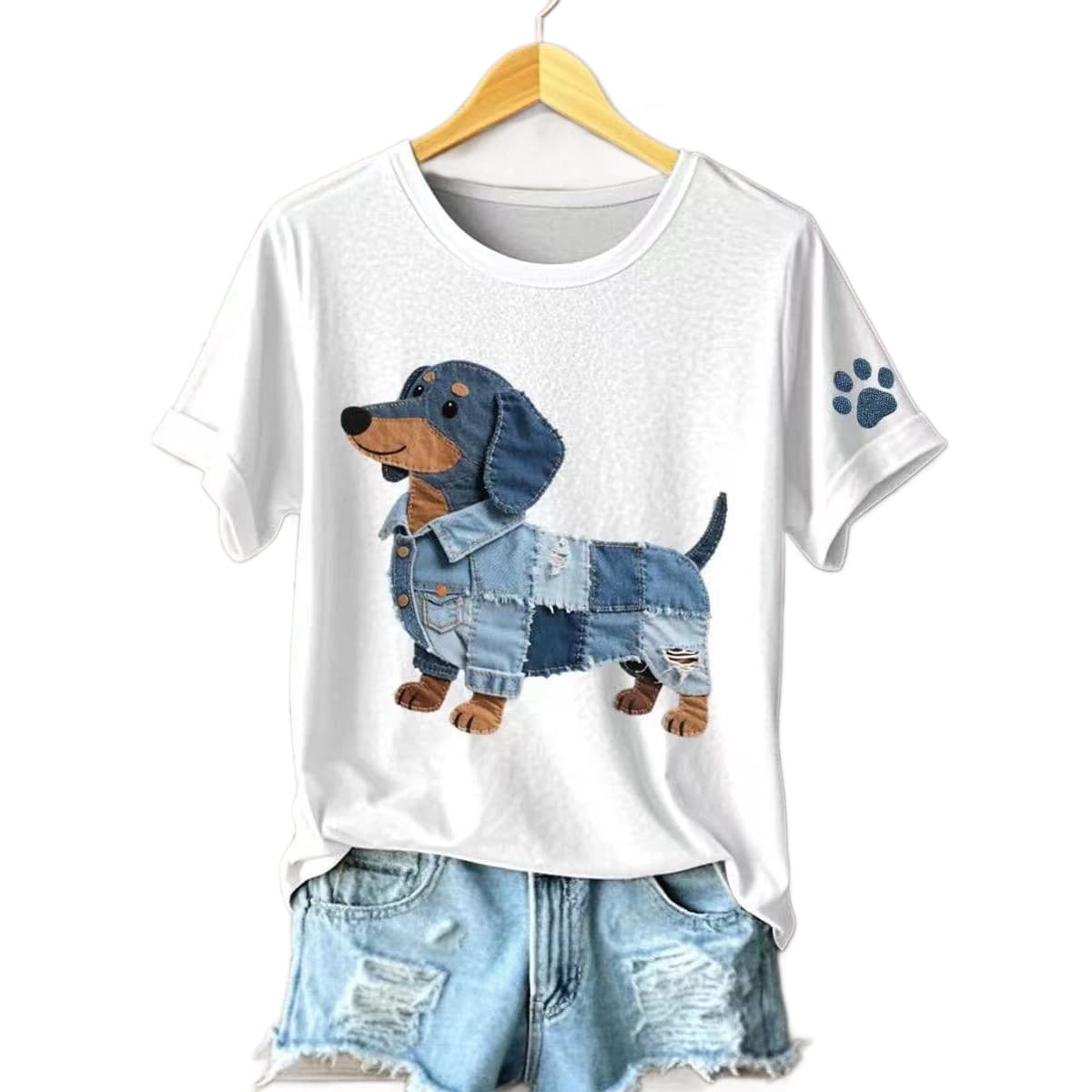 2026 New Cross-border European and American Style 3D Printed Denim-Look Pet Dog Pattern Crew Neck Short Sleeve Women's Casual Loose Top