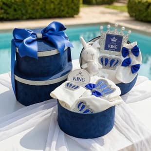 Newborn Baby Double-Layer Round Gift Box Navy Blue with Diamond Crown Luxury Premium Gift for Baby Boy