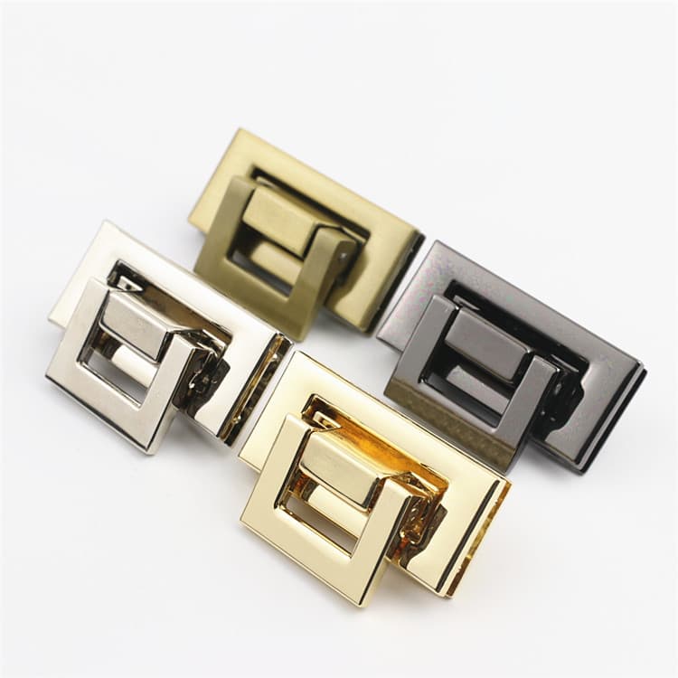 Gold-plated die-cast screw locks, mortise locks, square locks, and clasps for bags and handbags.