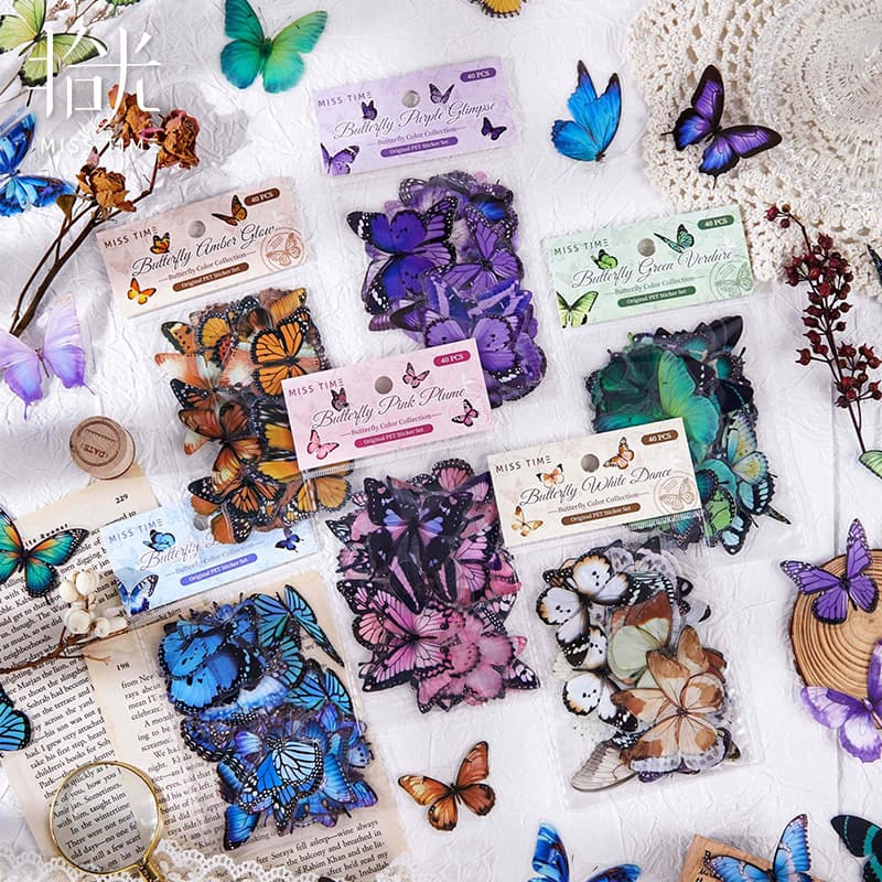 Shiguang Pet Butterfly Amber Glow Stickers Retro Butterfly Journal Ins Base Waterproof Decorative Material Stickers 40 Sheets