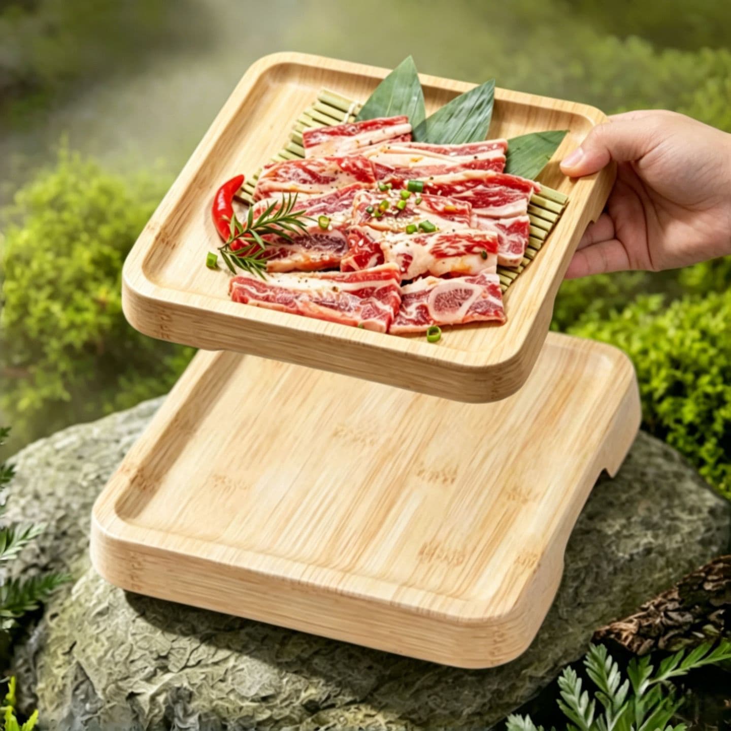 Korean BBQ Beef Platter Creative Melamine Square Plate with Bamboo Texture Japanese Wagyu BBQ Plate Stackable